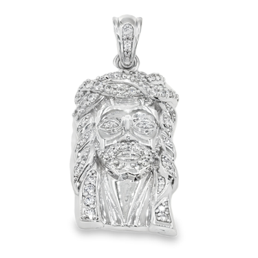 14K White Solid Gold Small Mens Lab Diamond Jesus Head Pendant 1.06 Ctw